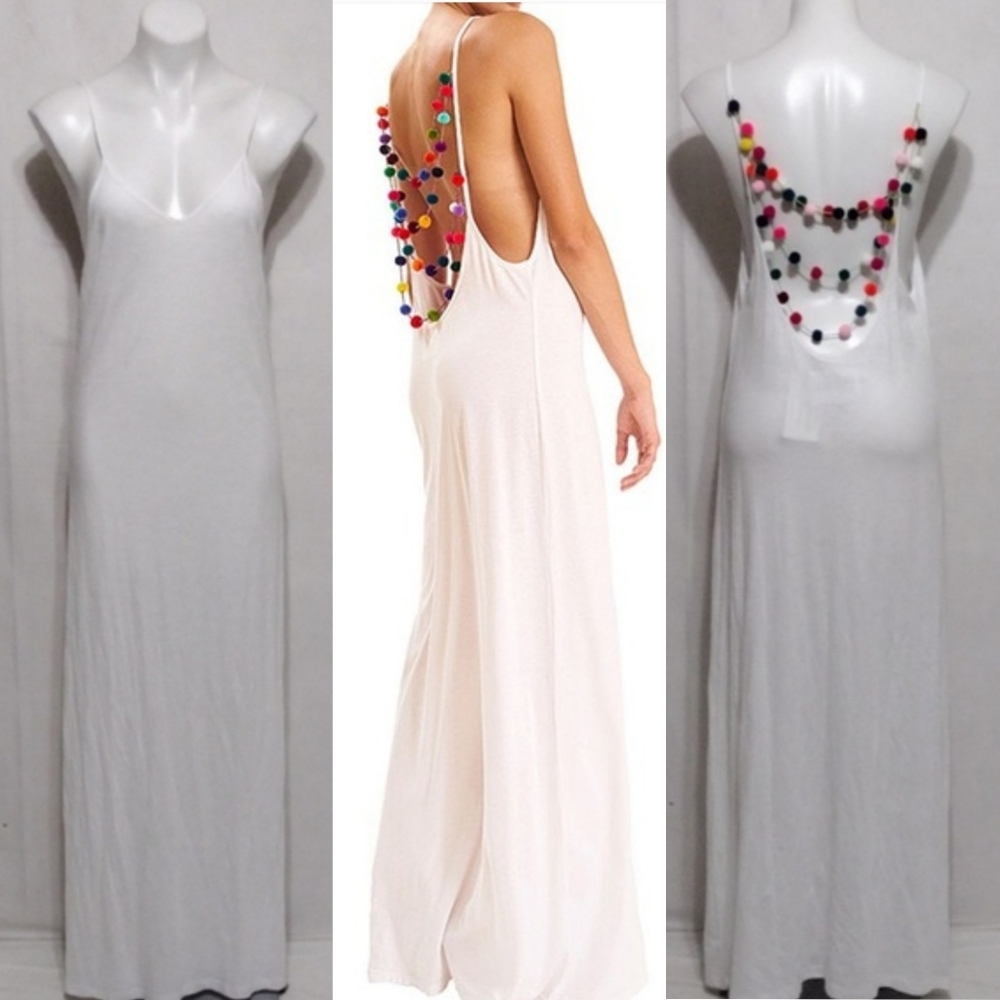 NWT Pitusa Open Back Pom-Pom Necklace Maxi Dress Swim Cover-Up Petite Boho Chic